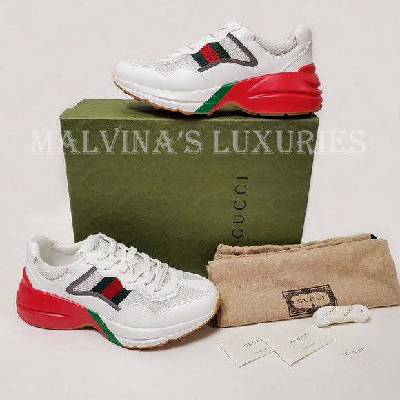 GUCCI SNEAKERS RHYTON WHITE LEATHER FABRIC with WEB CHUNKY SHOES sz 9 9.5 - Picture 3 of 15